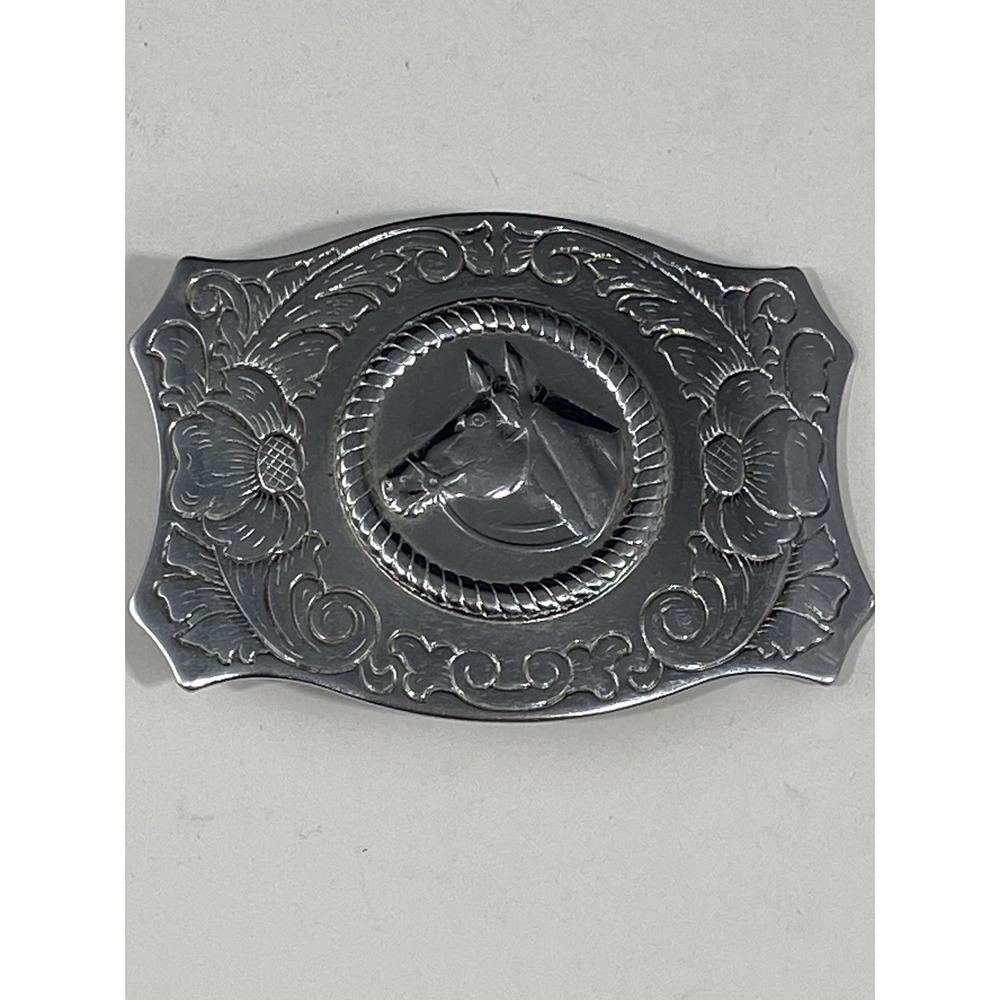 Vintage Chambers Belt Co Western Horse Head Buckle Silver Engraved Floral Cowboy